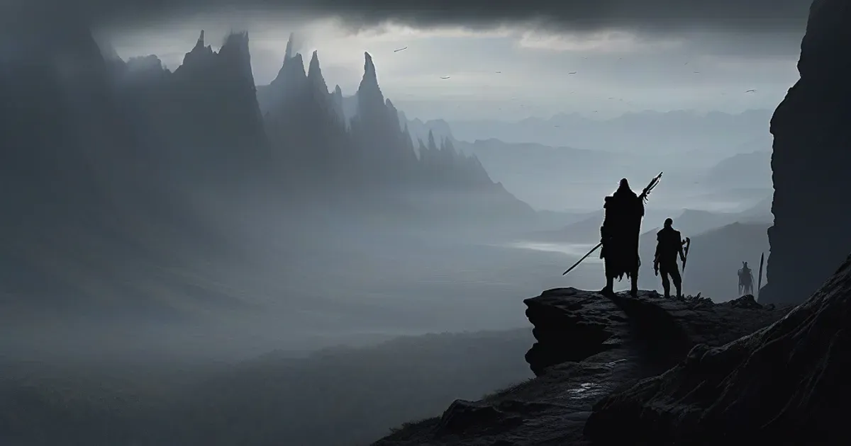 Hunters silhouetted on a ridge above a vast misted valley of jagged peaks