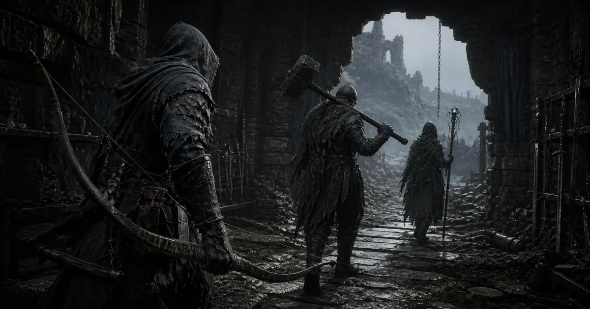 Three hunters carry a scarred bow, heavy hammer, and ritual staff through a ruined armoury