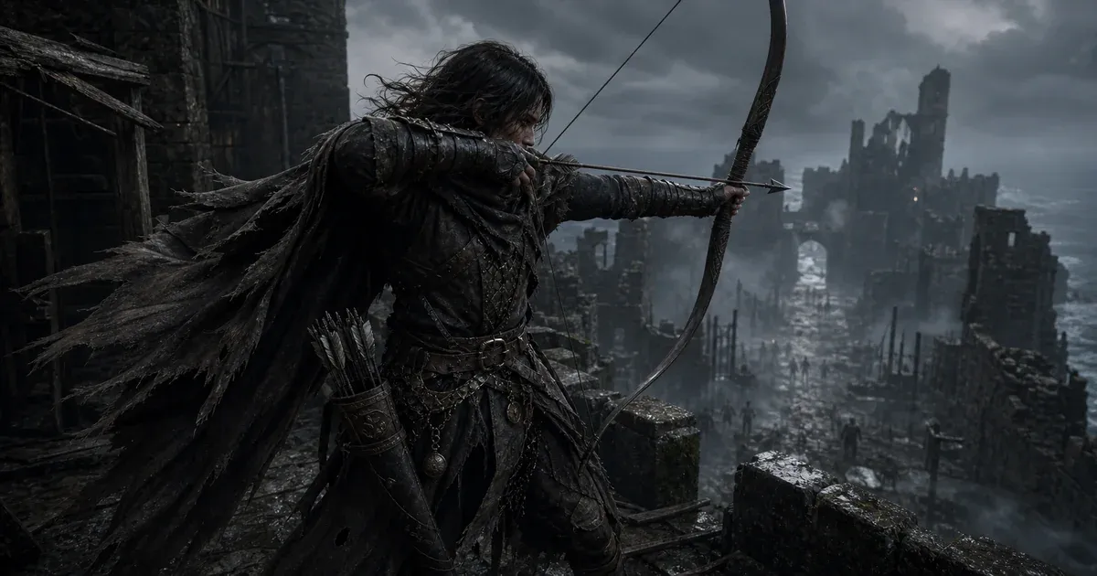 A Black Arrow hunter drawing a longbow from a ruined battlement above a misty fortress