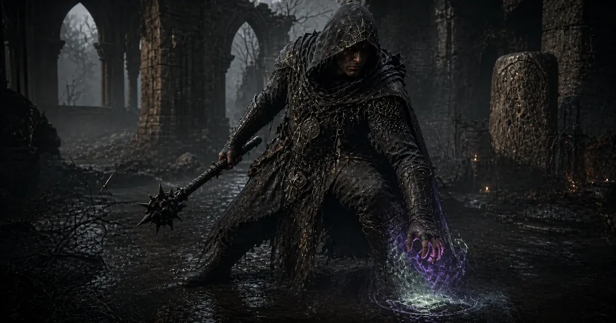 A hooded Blasphemer wielding a mace while drawing a corruption rune from wet stone