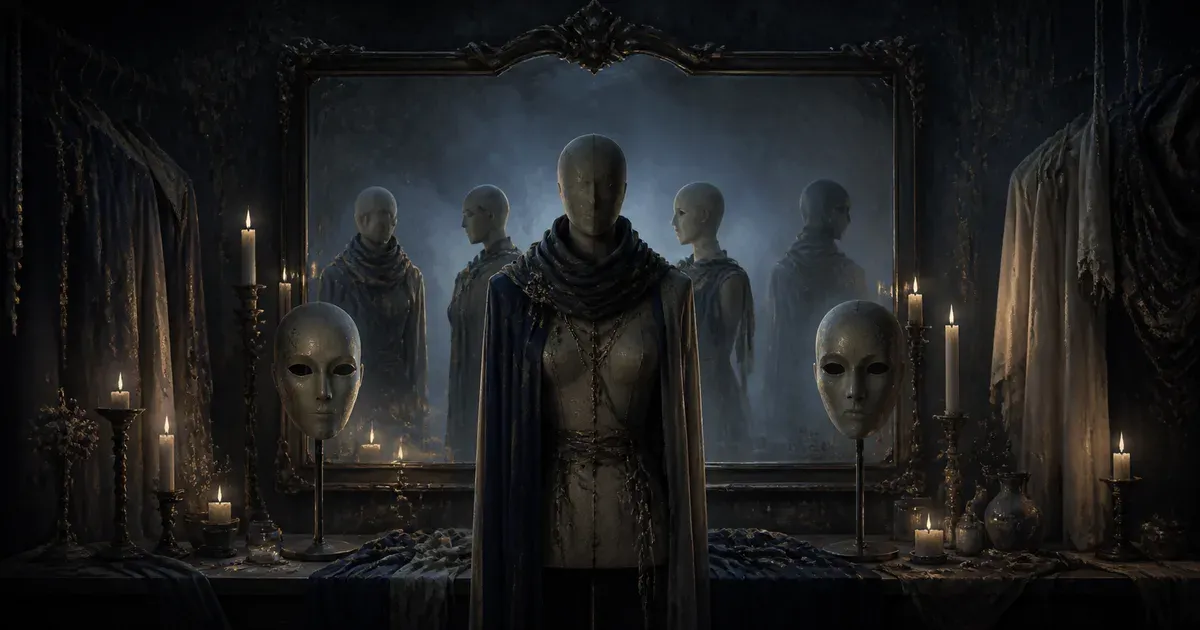 Editorial illustration of a wardrobe mannequin, blank masks, and mirrored silhouettes