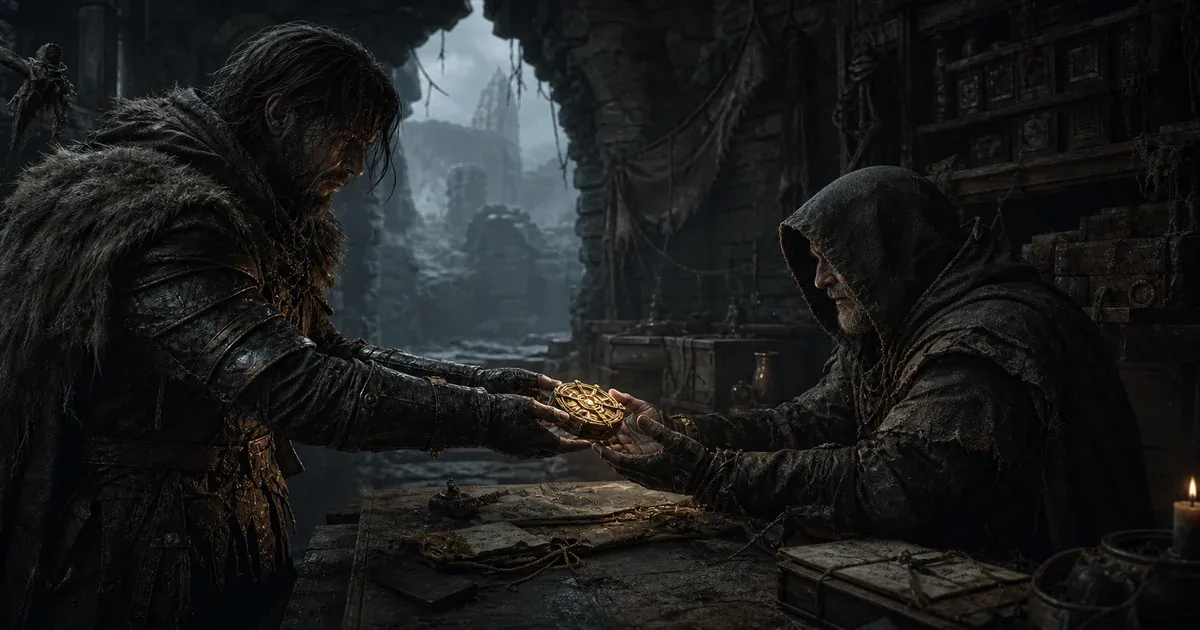 A hunter handing a glowing golden cipher to a hooded camp archivist