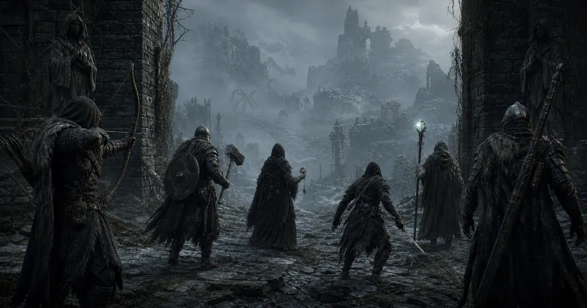 Six hunters with bow, hammer and shield, catalyst, dual blades, staff, and greatsword enter a ruined gate