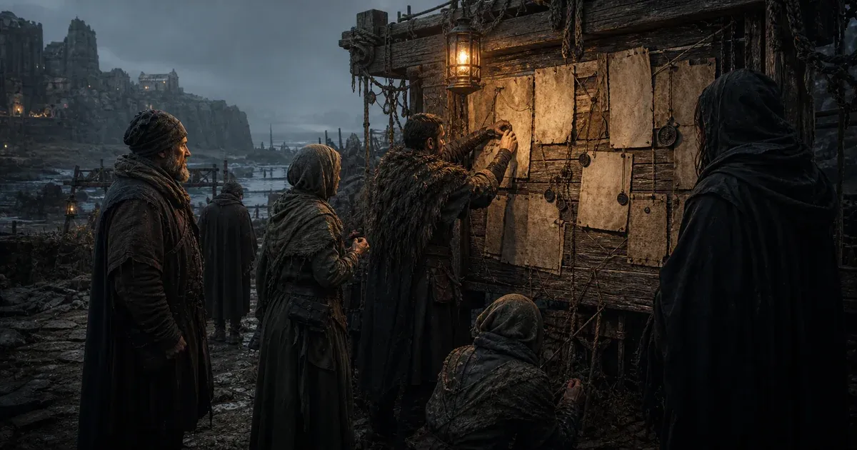 Hunters and townspeople exchange messages at a lantern-lit notice board in a ruined coastal settlement
