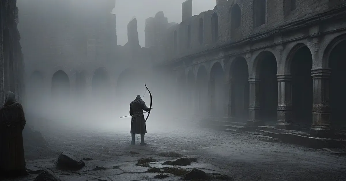 A hooded archer holding a bow in a fog-filled ruined stone courtyard