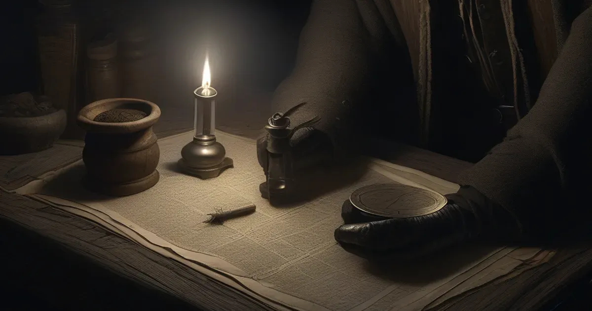 A gloved hand resting on an engraved token beside a candle and open ledger pages