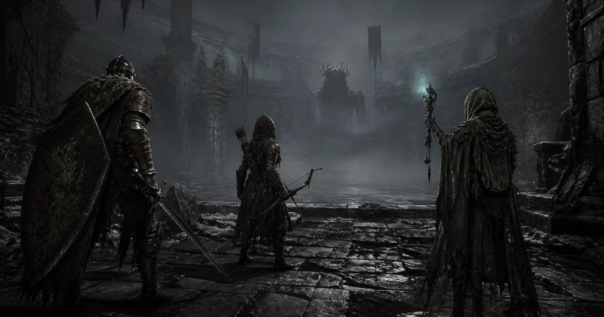 A shield bearer, archer, and ritual support hunter prepare to face a Mist Lord in a ruined arena