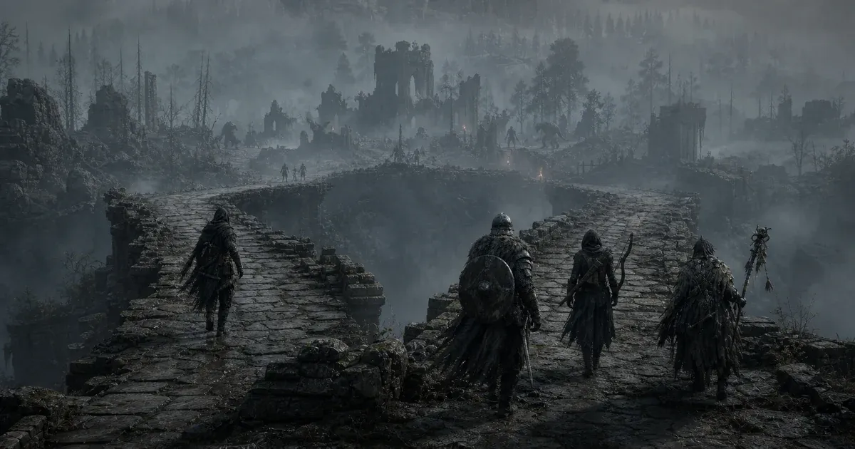 A solo hunter and a three-hunter squad take separate causeways toward the same hostile hunting ground