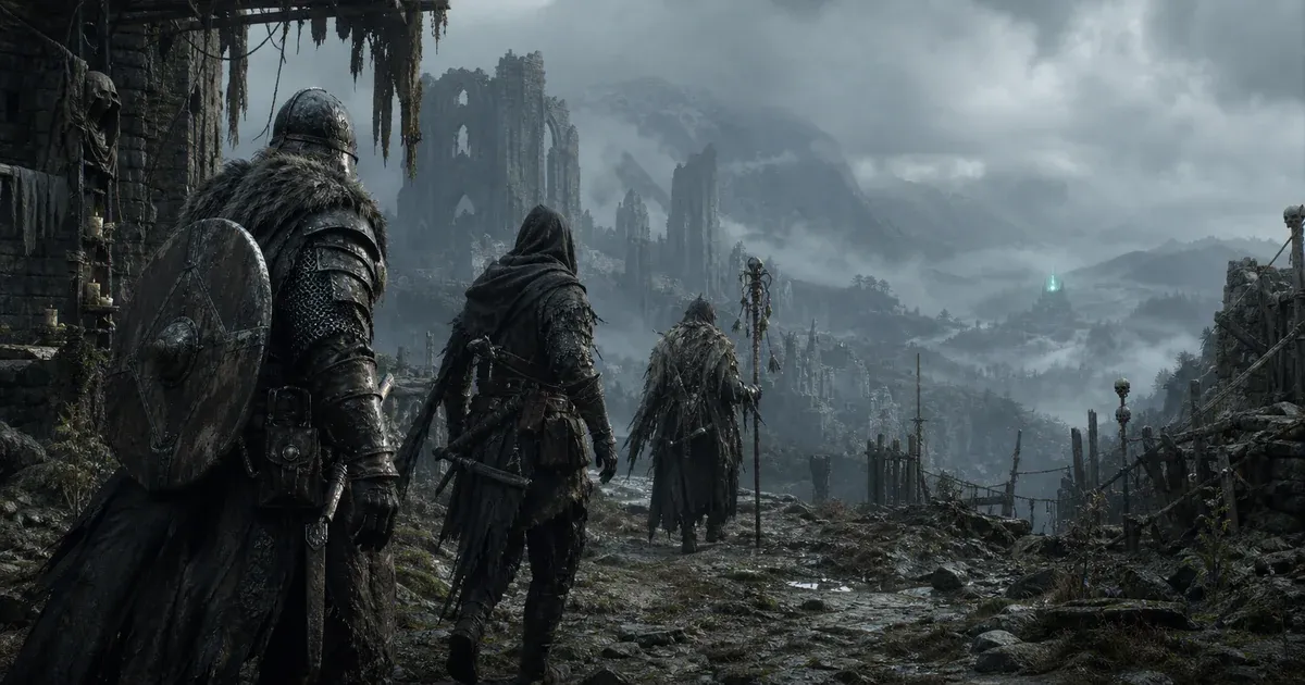Three weathered hunters leaving ruined Gothic walls for a fog-covered mountain valley