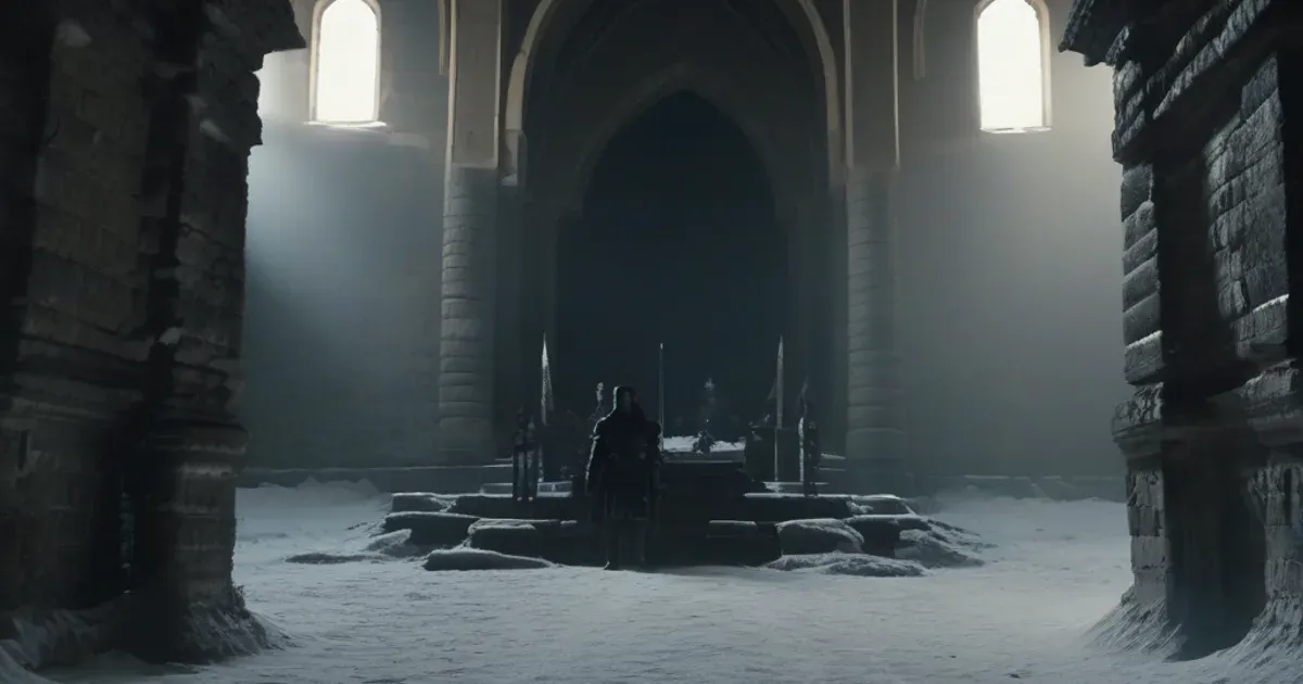 An armoured figure flanked by two guards on a dais in a frost-covered ruined hall