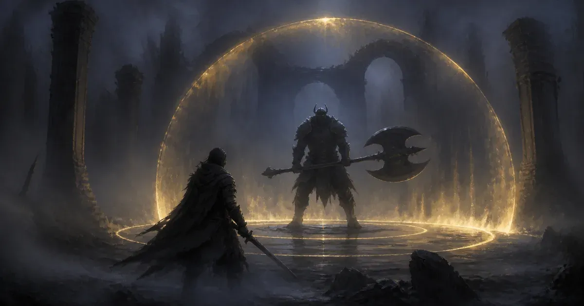 Editorial illustration of an armored greataxe fighter inside a luminous barrier