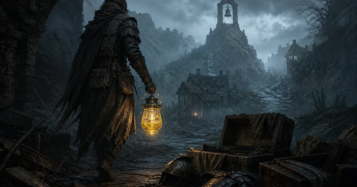 Editorial illustration of a hunter carrying a glowing Gyldenblod jar toward an extraction bell