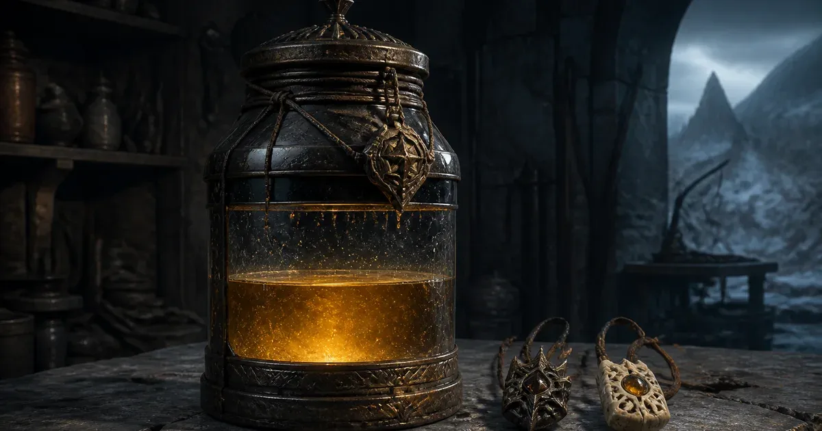 Editorial illustration of a partly filled glowing Gyldjar beside two cosmetic charms