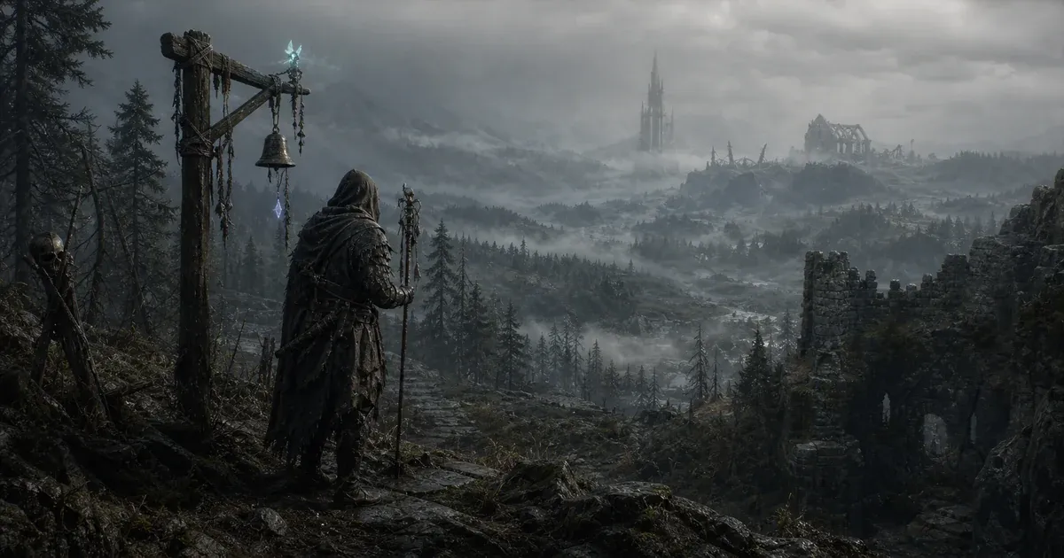 A hunter overlooking Hallowgrove from a Returning Chime beside a trail into the ruined valley