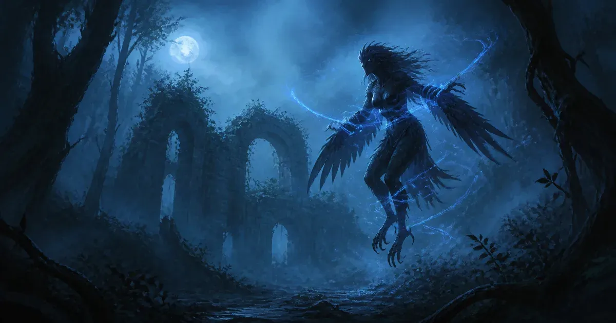 Editorial illustration of a birdlike humanoid using blue magic in misty ruins