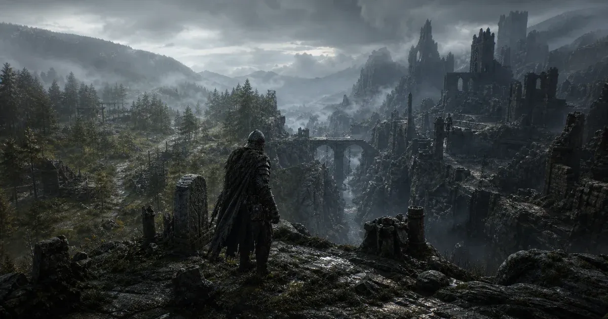 A hunter overlooking wooded Hallowgrove and the vertical ruins of Brandrgarde across a gorge
