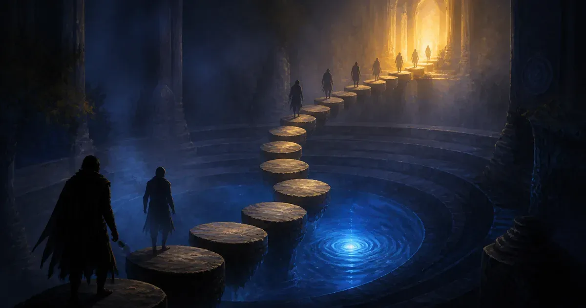 Editorial illustration of travelers crossing ascending stones over a luminous pool