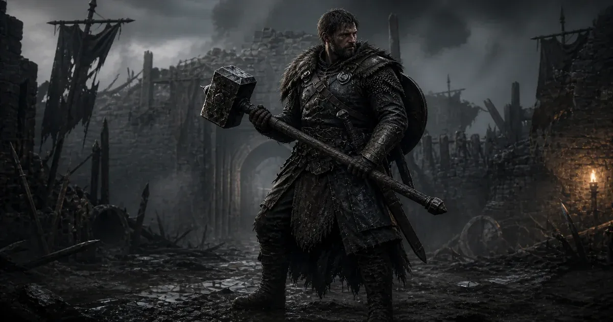 A battle-worn Mercenary carrying a heavy war hammer with a shield on his back