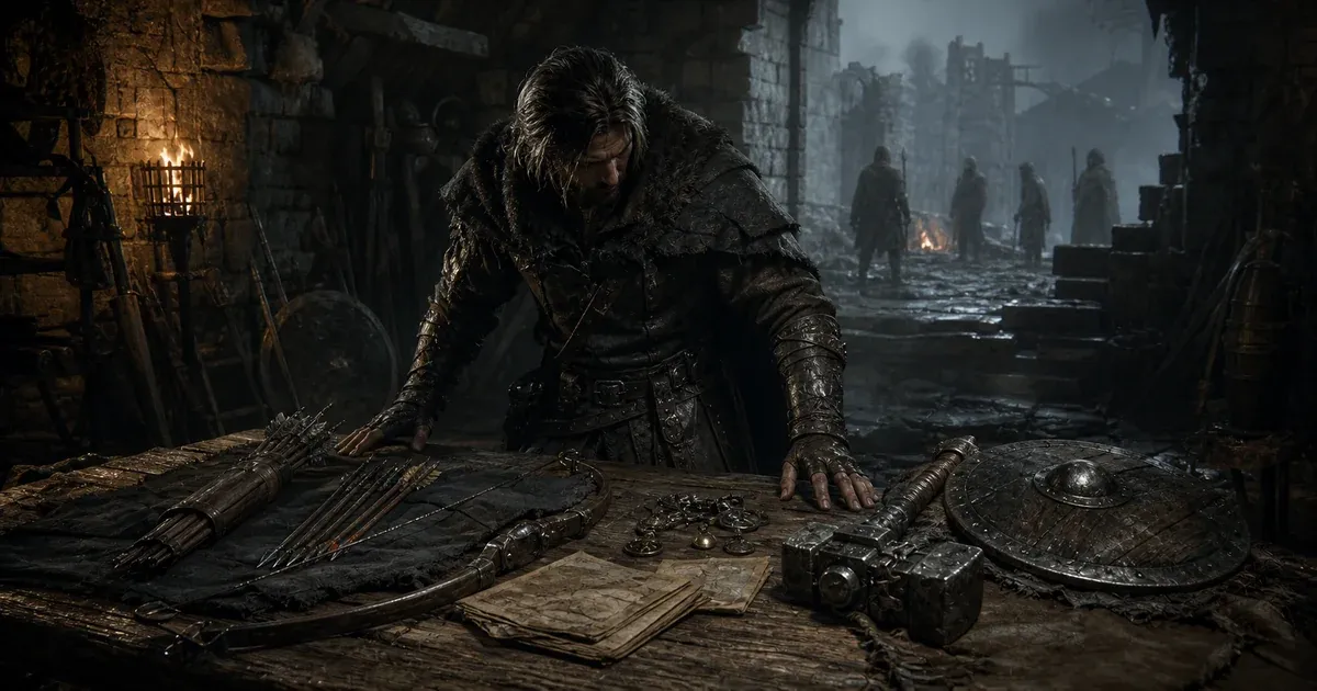 A hunter comparing bows, arrows, a hammer, shield, and talismans on a planning table