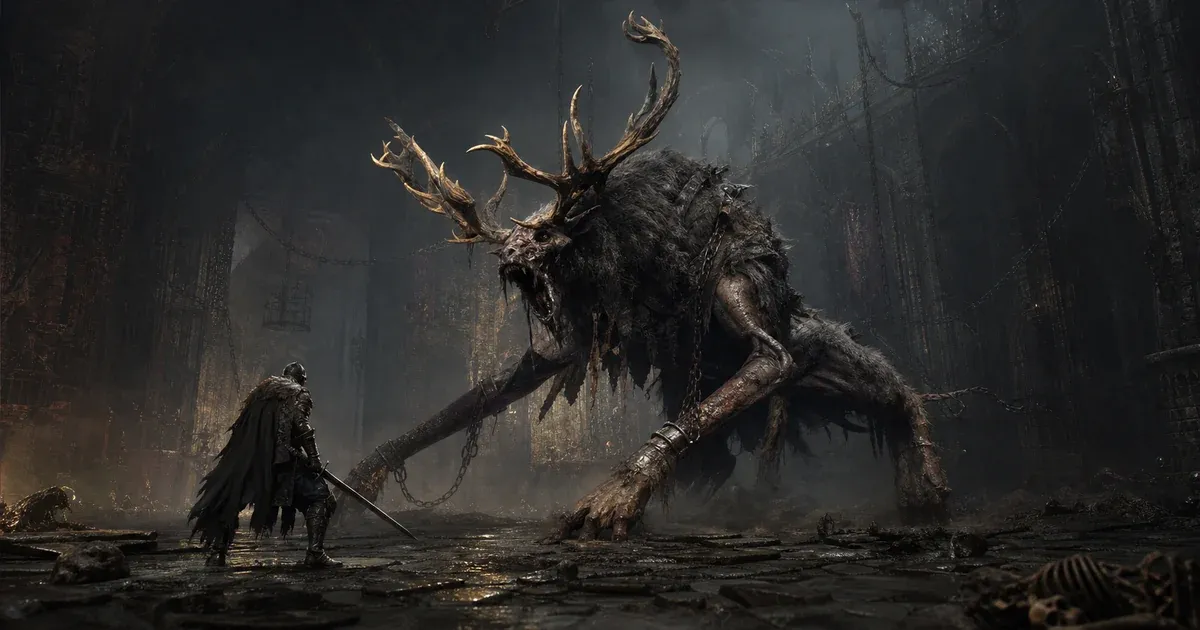 An antlered deer-like Mist Lord confronting a lone armored hunter in a ruined hall