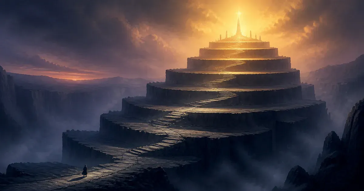 Editorial illustration of a lone traveler climbing seven terraces toward a beacon