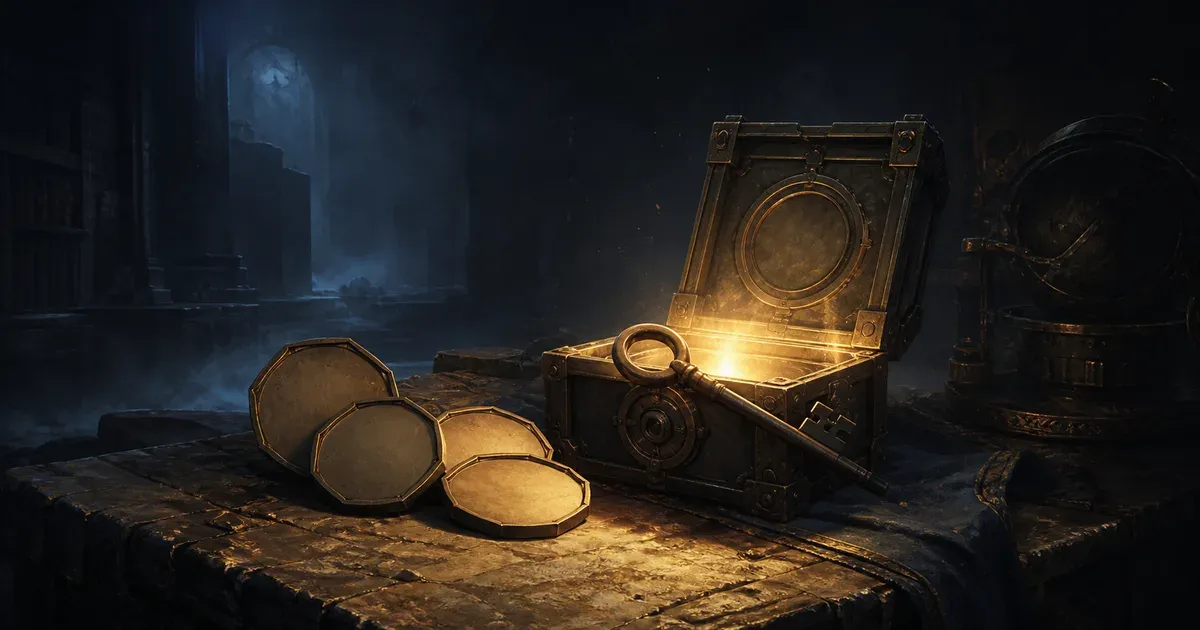 Editorial illustration of blank tokens, a key, and an illuminated lockbox