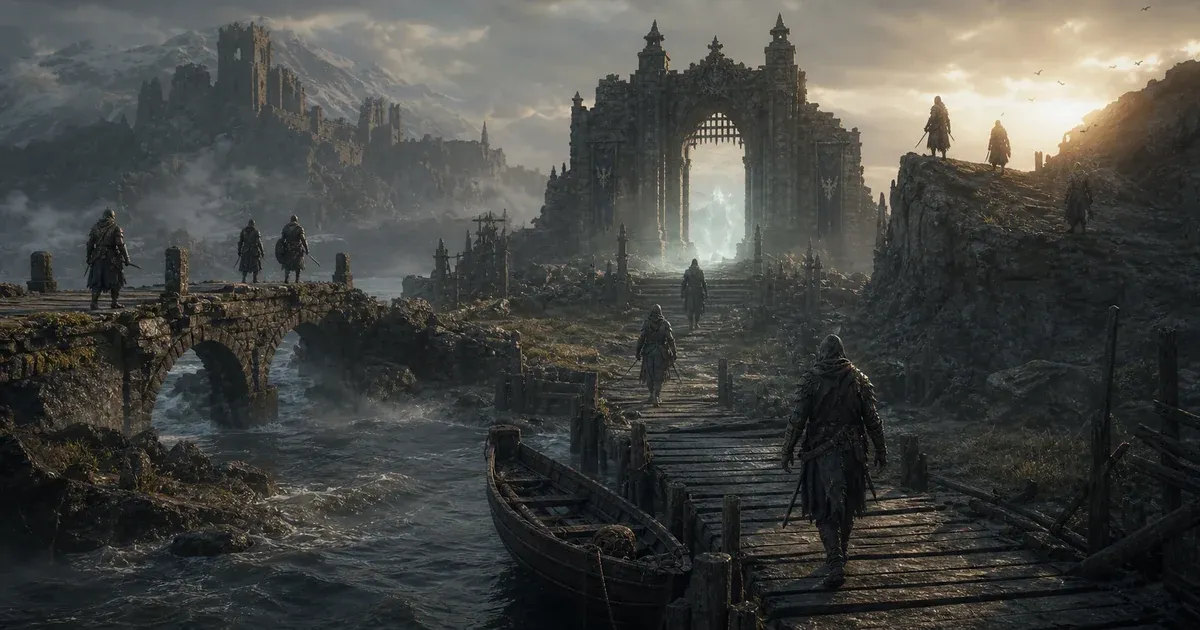 Hunters arrive by ruined bridge, dock, and high path at one newly opened ritual gate