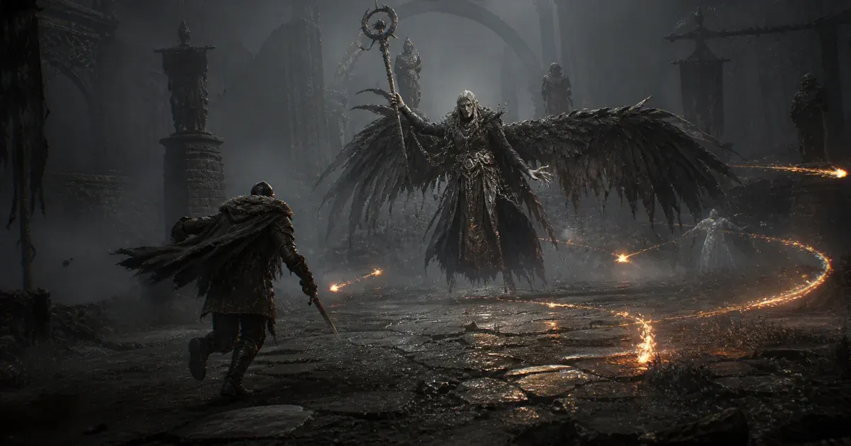 A hunter charges winged Sálmar as fire trails and a player clone appear in her ruined arena
