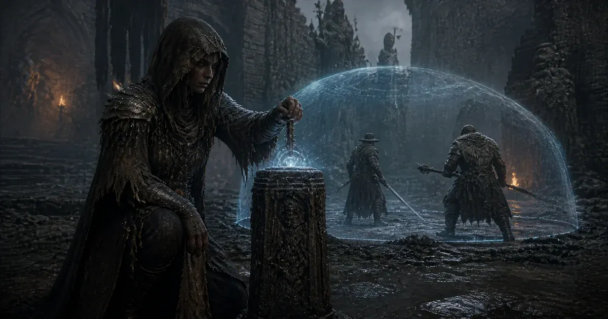 A support Seer activating a rune pillar that shields two hunters in ruined streets