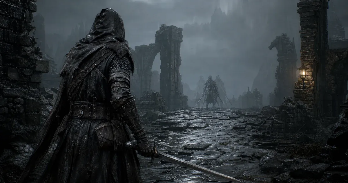A hunter tracking one opponent through two offset silhouettes on a rain-soaked causeway