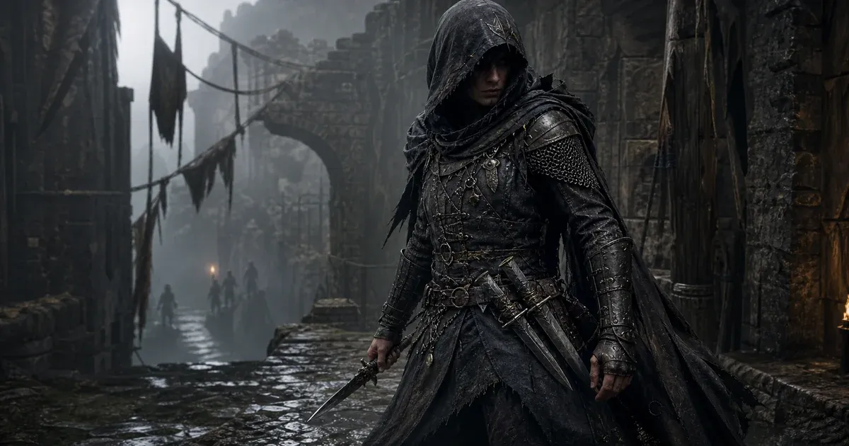 A hooded Shadowstrix hunter carrying a dagger and dual blades in wet Gothic ruins