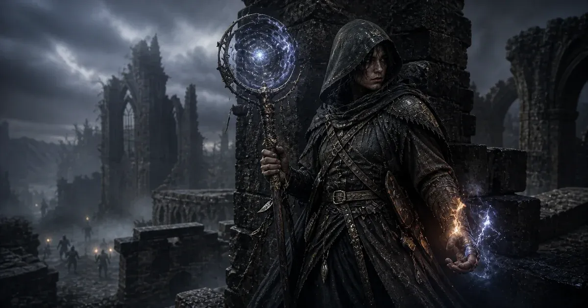 A Sorcerer holding a ritual staff with restrained stardust and elemental magic