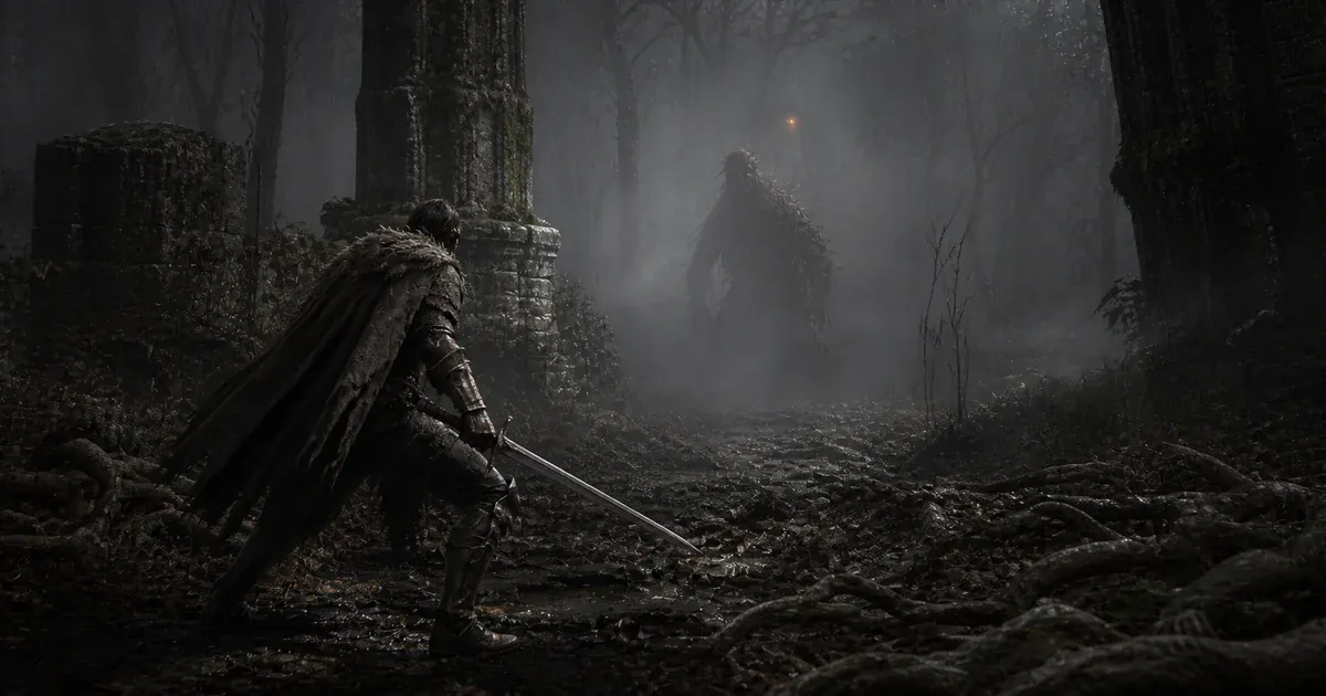 A hunter confronts an obscured Elite near a ruined column in a misty woodland