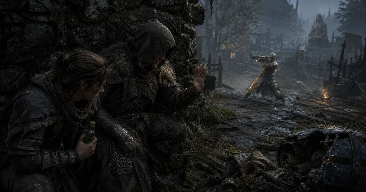 Two hunters wait behind cover while an armored enemy attacks near a broken supply container