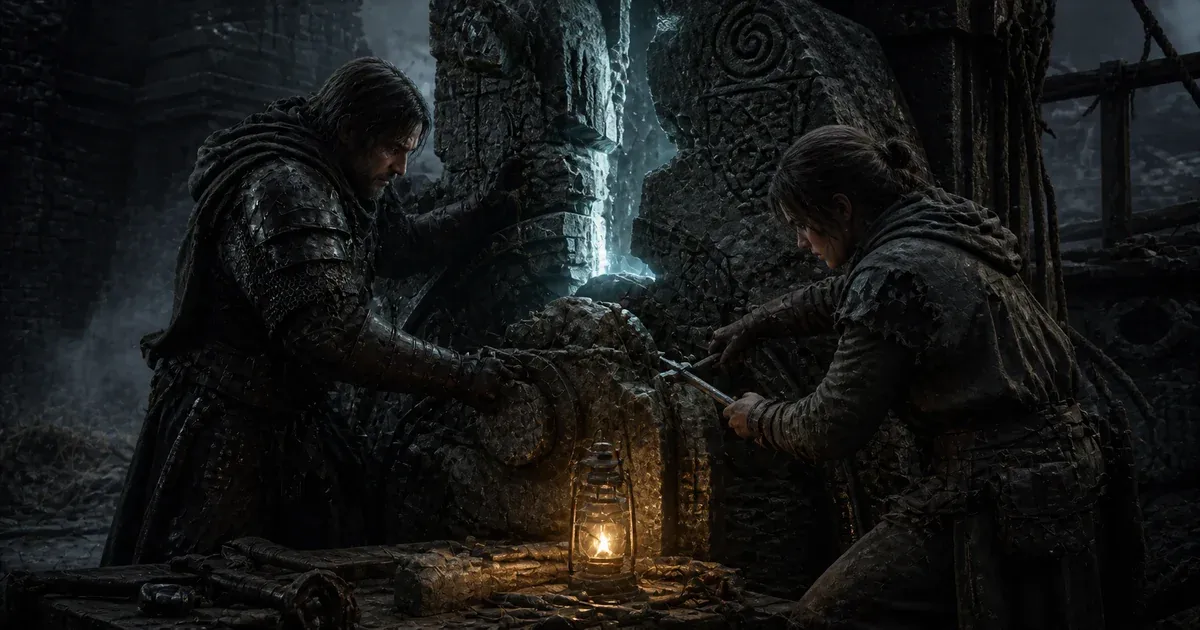 A hunter and craftsperson repairing a cracked runic mechanism under a lantern