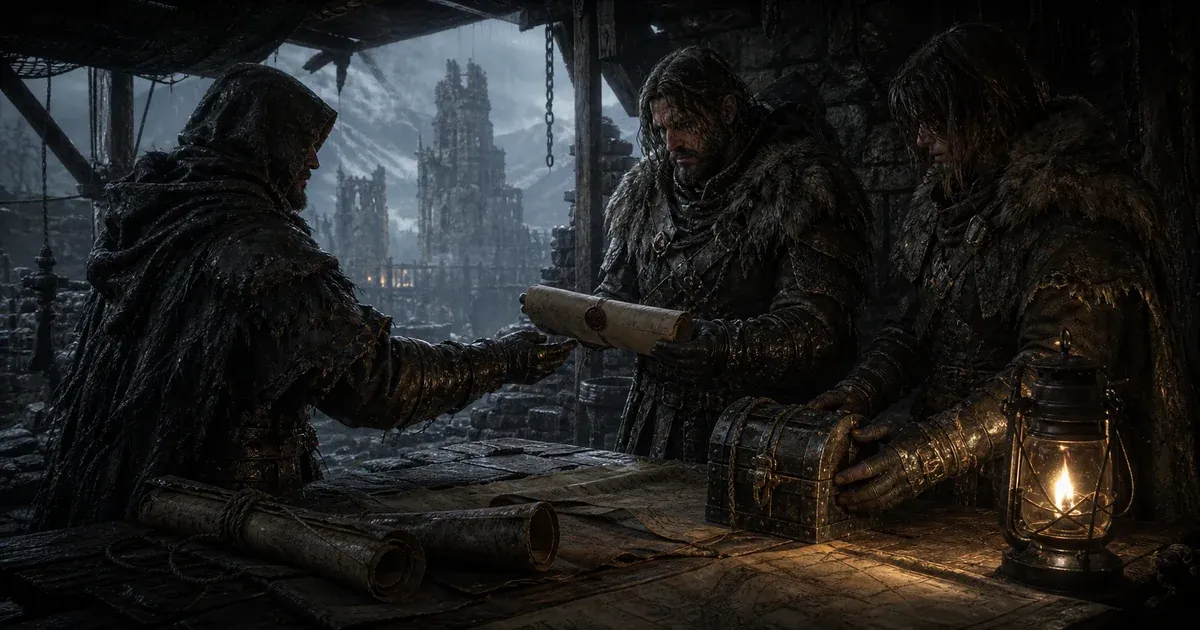 A rain-soaked courier delivers a sealed campaign scroll and supply reliquary at a ruined war table
