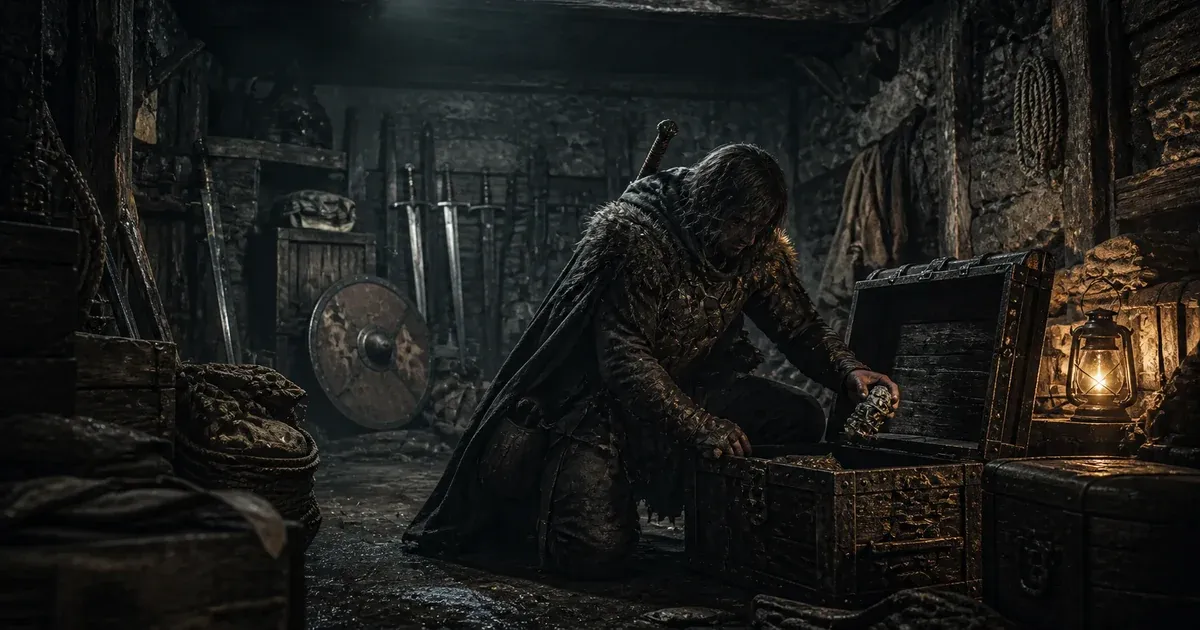 A hunter storing a recovered relic in a reinforced chest inside a crowded vault