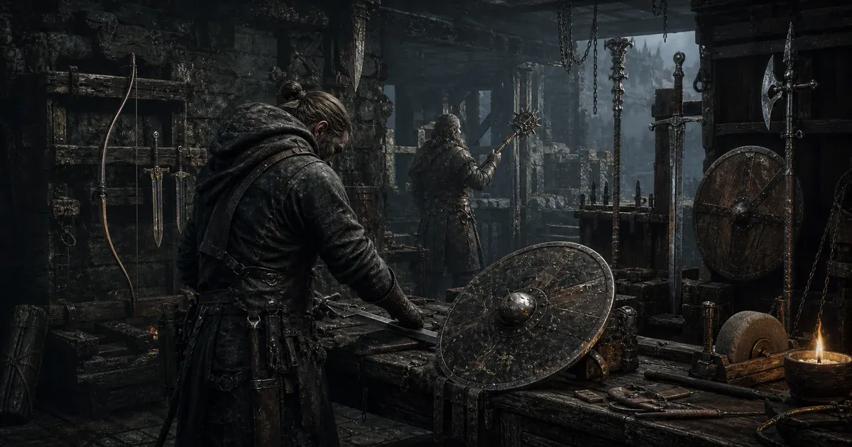 A craftsperson works among bows, blades, shields, a mace, staff, and polearm in a ruined armoury