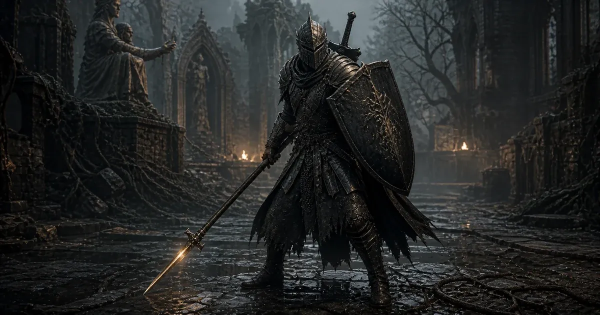 A Withered Knight guarding a ruined cathedral with a polearm, shield, and greatsword